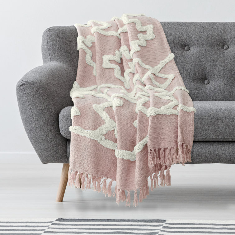 Americanflat 50x60 Throw Blanket 100 Cotton with Fringe Pink Tufted Cotton